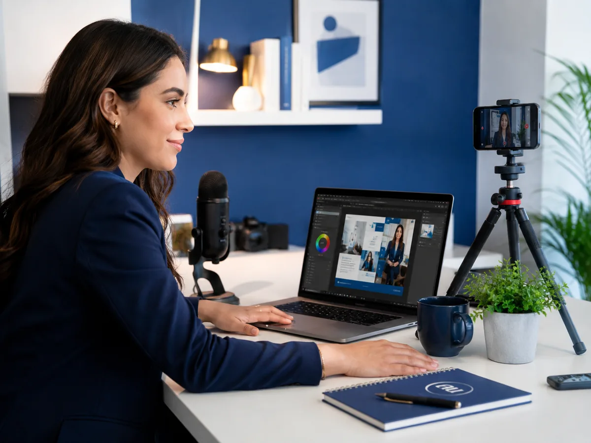 Creadora de contenido en estudio moderno con micrófono, laptop, cámara y smartphone