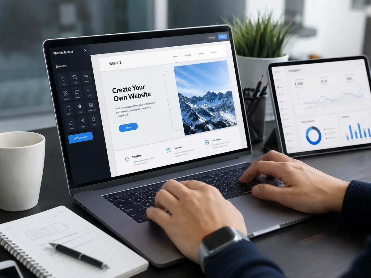 Workspace realista con website builder, analítica web, laptop, tablet y herramientas digitales