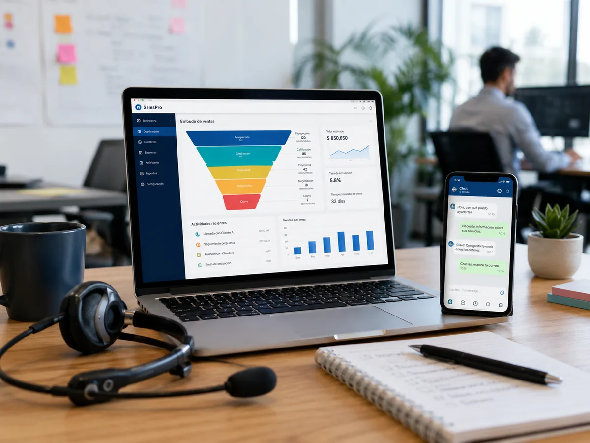 Oficina realista con embudo de ventas, CRM, headset y chat de atención al cliente